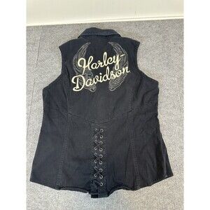 Vintage HARLEY DAVIDSON Black Front Zip Back Lace Embroidered Vest Large Women